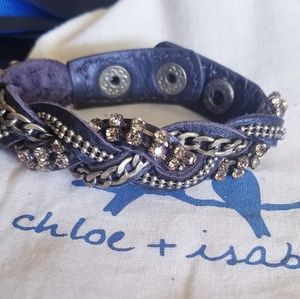 Braided leather and chain with rhinestone bracelet